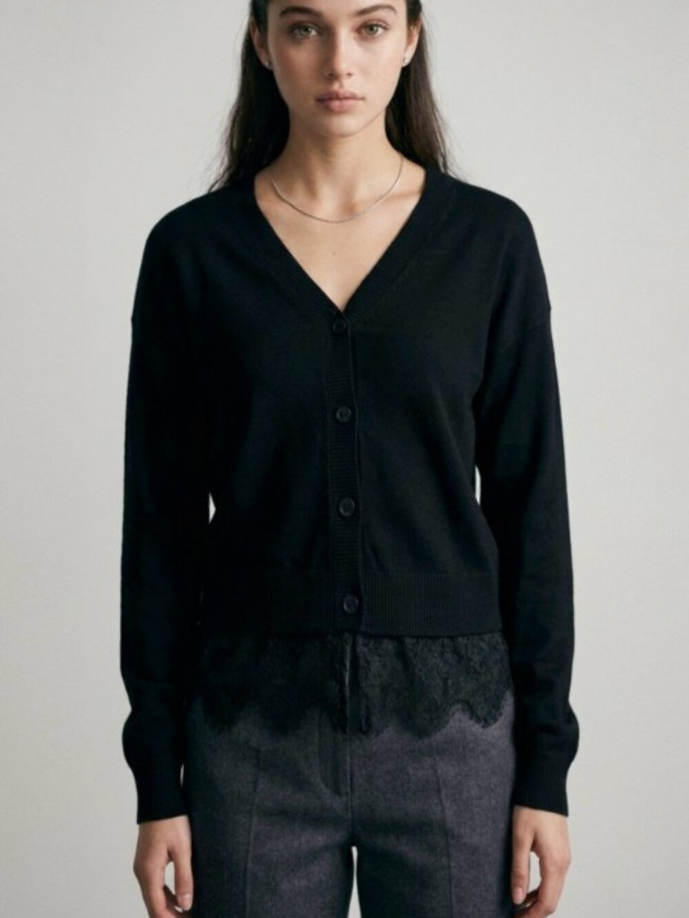 Love Tree Black V-Neck Button-Front Cardigan with Lace Hem